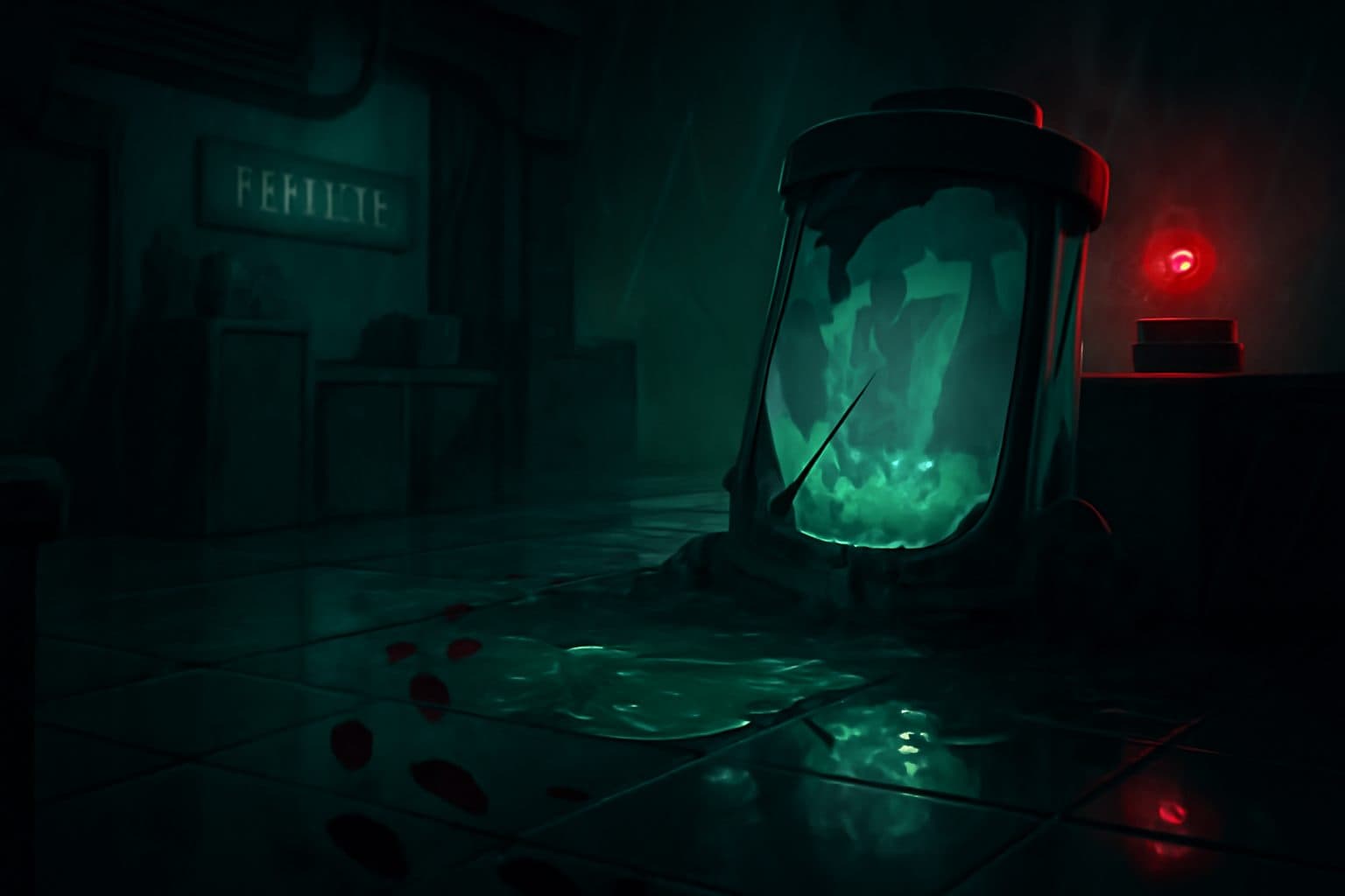 Vat 13 draining in a dark laboratory as alarms flash