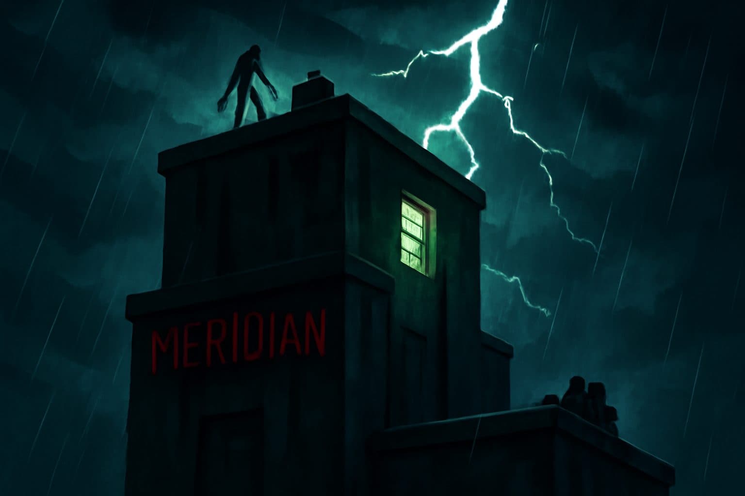 Graftling key art — a stitched specimen on the Meridian Bodyworks rooftop in a thunderstorm