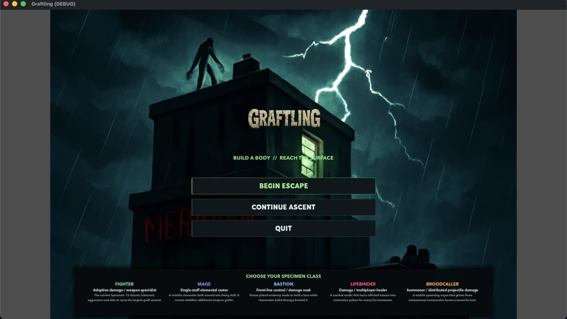 Graftling main menu with storm key art and five specimen class descriptions