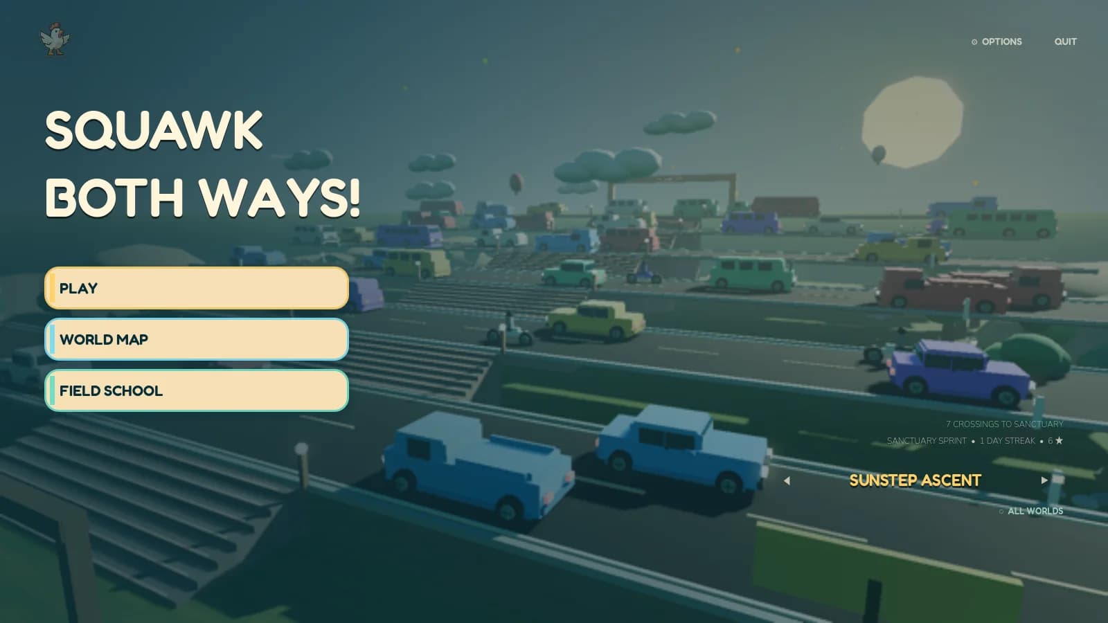 Squawk Both Ways main menu overlooking a colorful road crossing